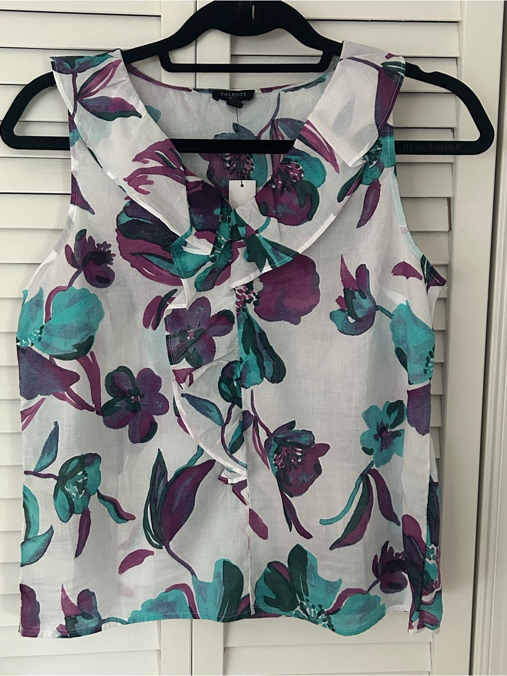 Talbots White Floral Ruffle Sleeveless Top - Teal & Purple